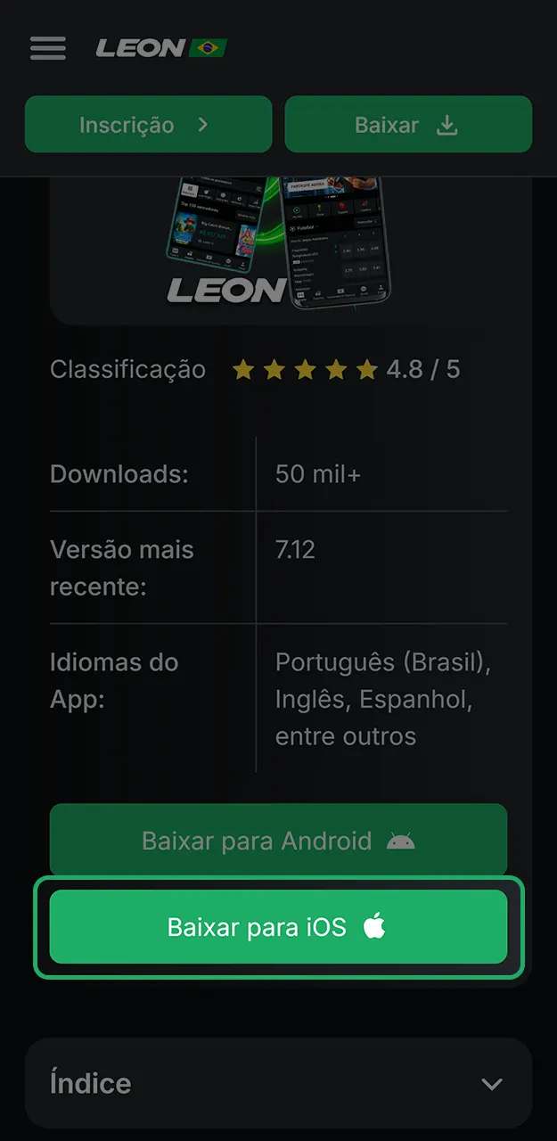 Comece a baixar o aplicativo LeonBet para iOS.