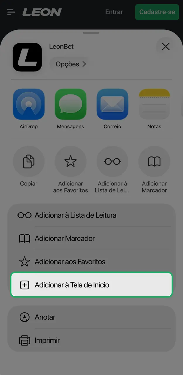 Selecione a opção de adicionar o aplicativo LeonBet à tela inicial.