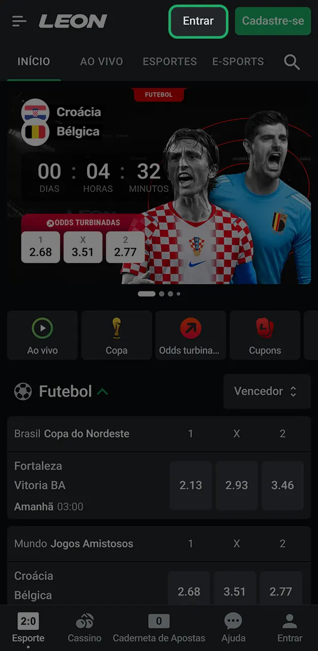 Insira suas informações de acesso e faça login na plataforma oficial da LeonBet.