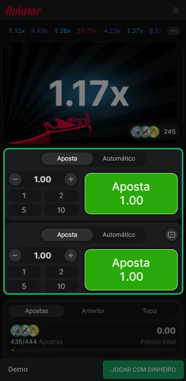 Insira o valor desejado no painel para fazer uma aposta no Aviator na LeonBet.