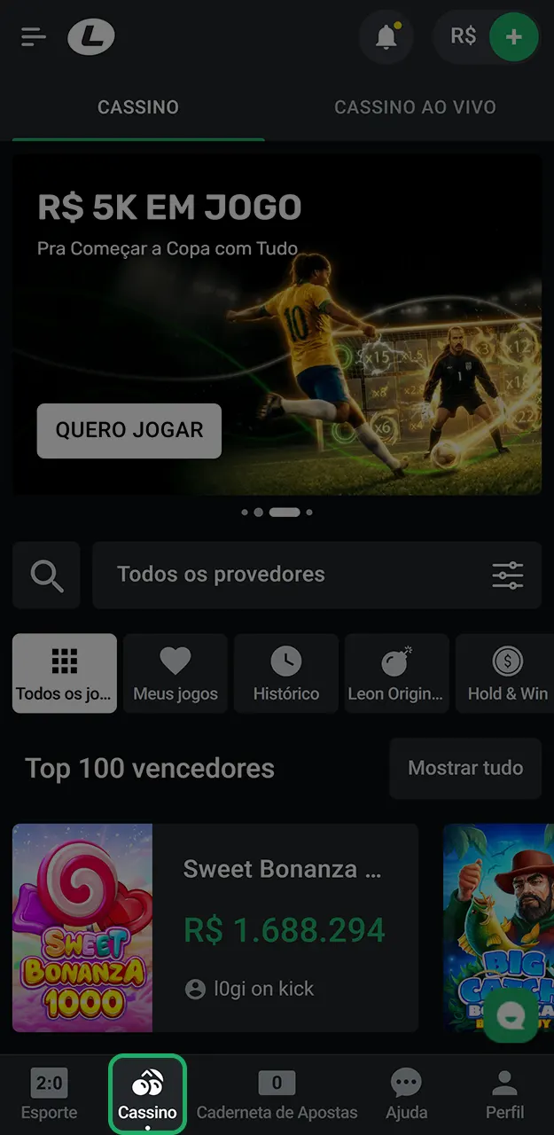 Acesse o menu principal do site e clique no botão para que entre no cassino na LeonBet.