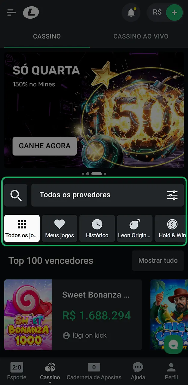 Navegue pelas categorias disponíveis ou use a busca para que escolha o seu jogo na LeonBet.