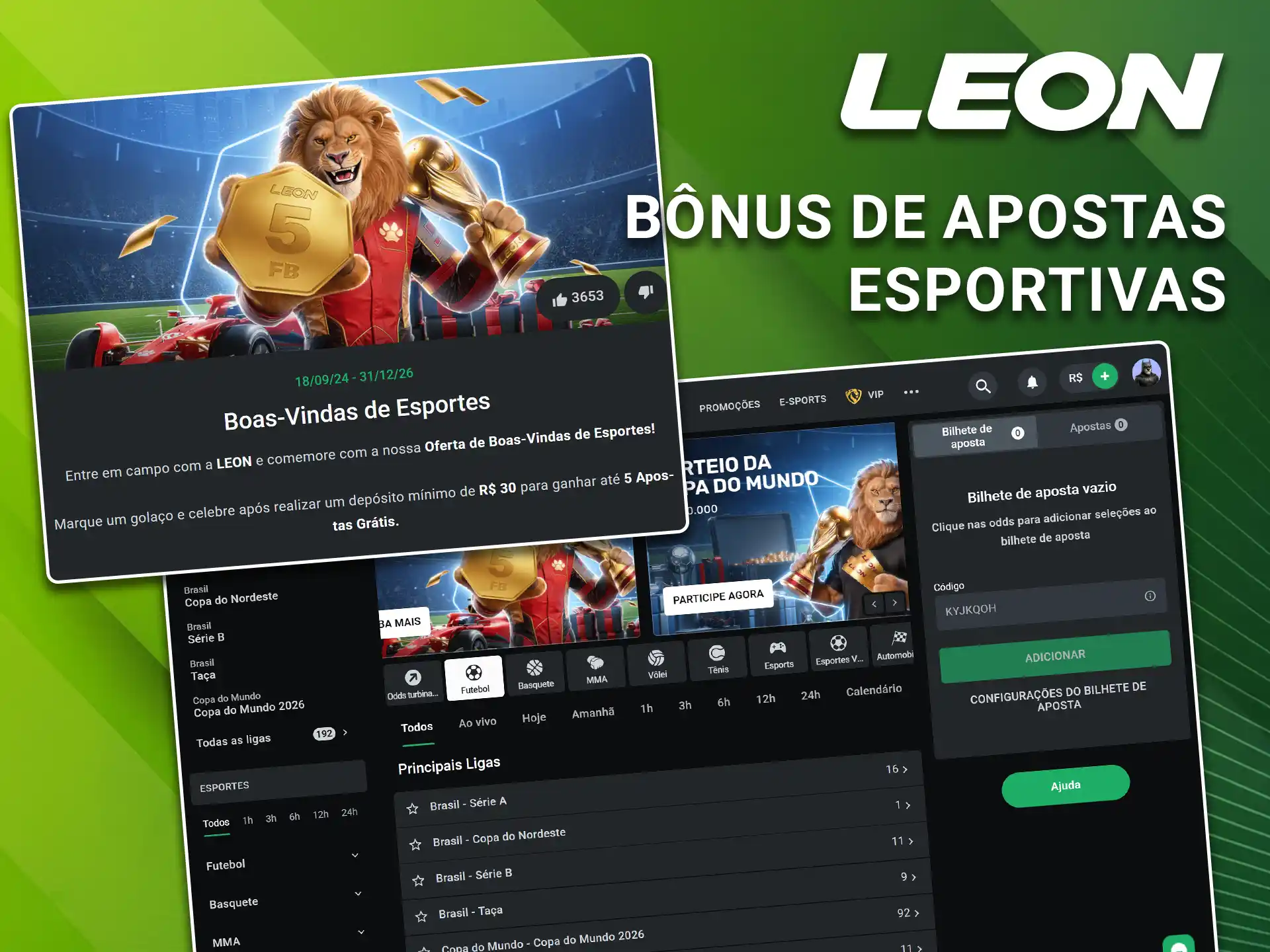 Receba fundos extras para os seus palpites esportivos ativando o bônus de apostas esportivas na LeonBet.