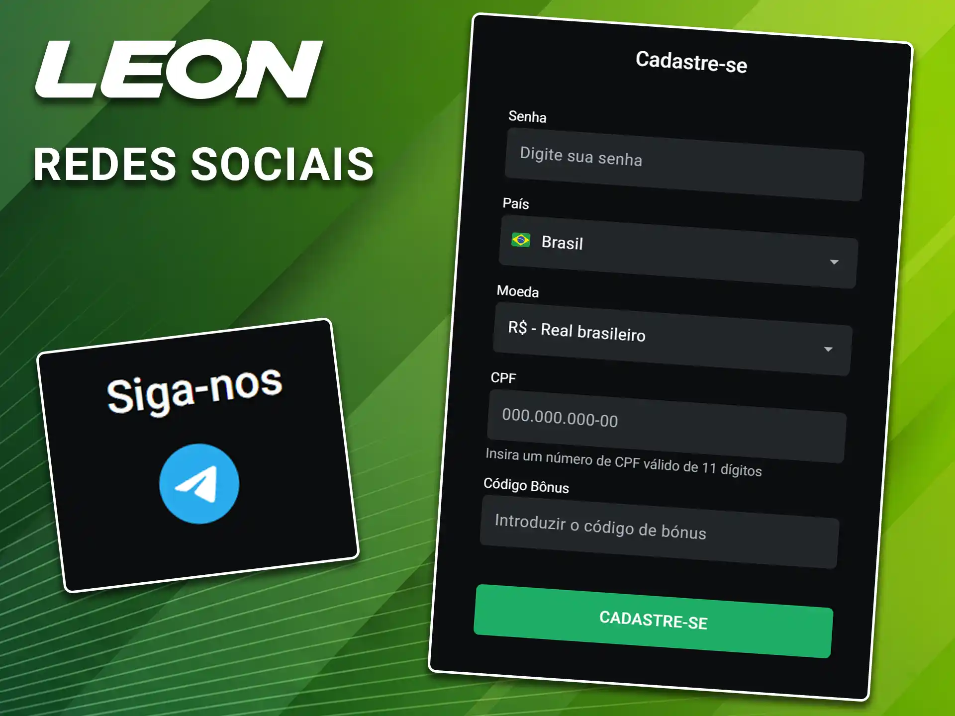 Vincule a sua conta digital externa para realizar a sua inscrição via redes sociais na LeonBet.