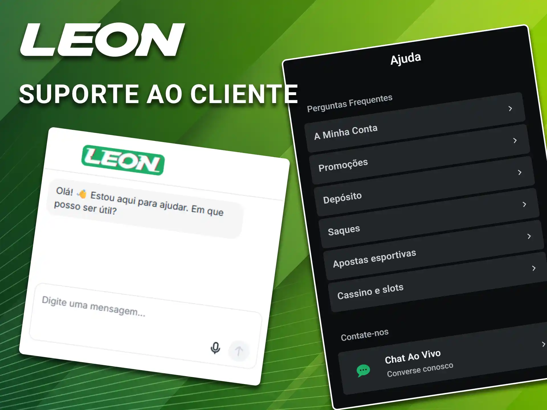 Escolha entre o chat online ou e-mail para utilizar os contatos rápidos do suporte ao cliente na LeonBet.