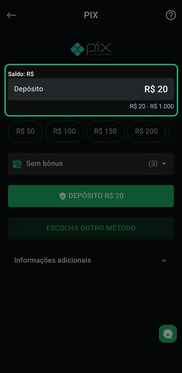Insira o valor desejado para o depósito na LeonBet.