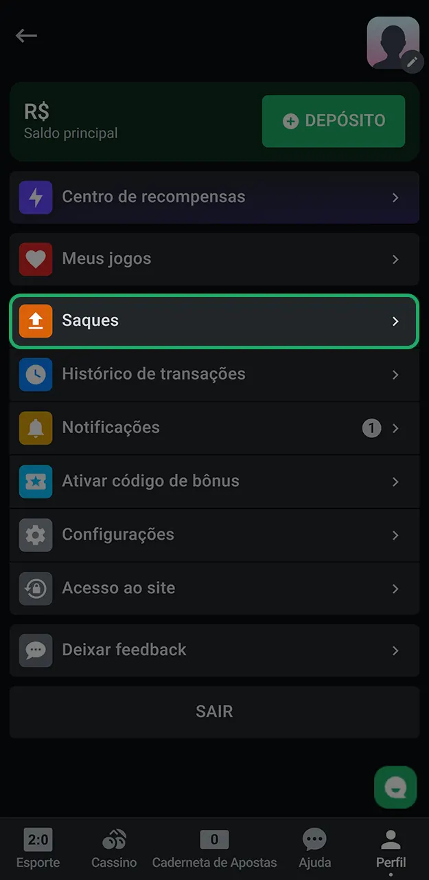 Entre no seu perfil pessoal e acesse o painel de saques na LeonBet.